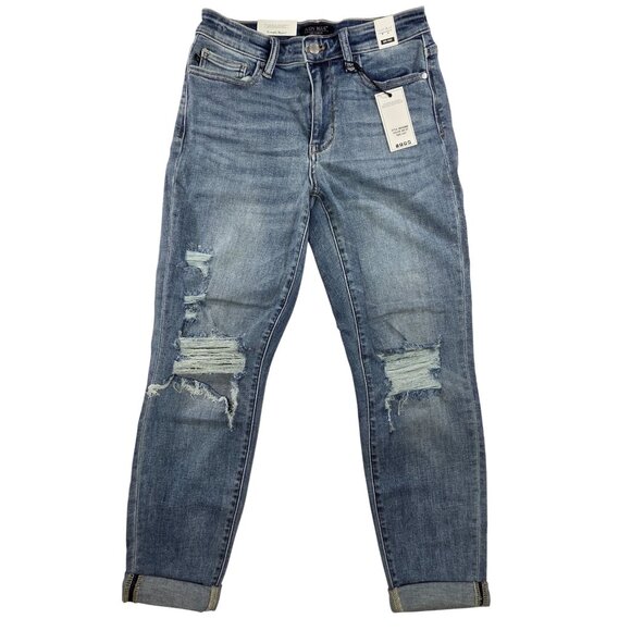 Judy Blue Boyfriend Fit Distressed Jeans Mid Rise Double Cuff Womens 5/27 New - Picture 1 of 13